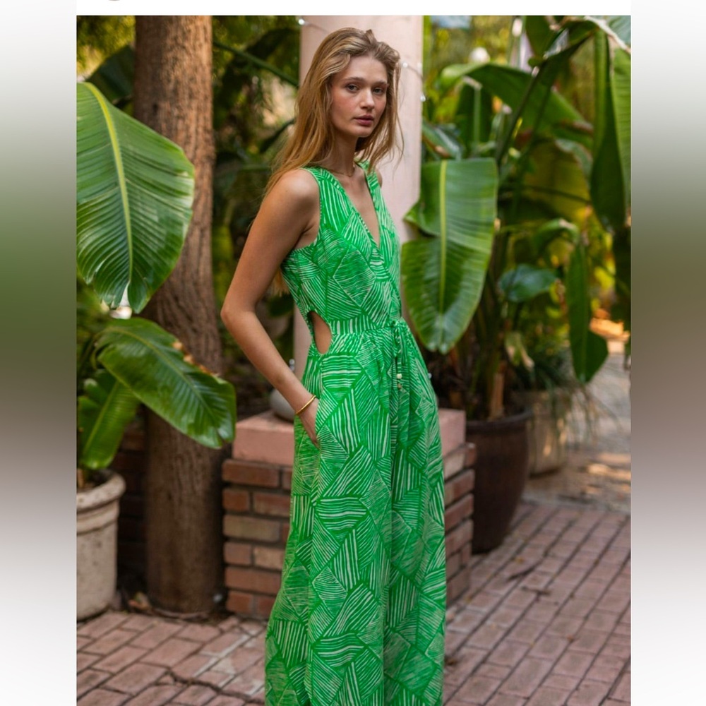 Green Printed Sleeveless Jumpsuit with Cutout Waist